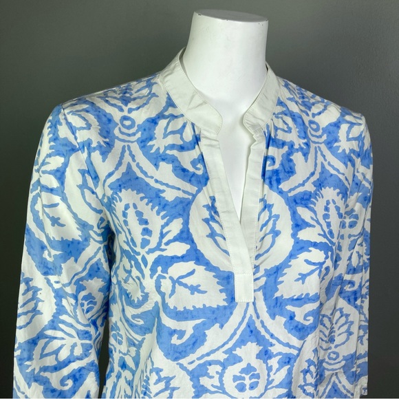J. McLaughlin top blouse size 4 pullover blue white collar tapestry coastal - Picture 4 of 8
